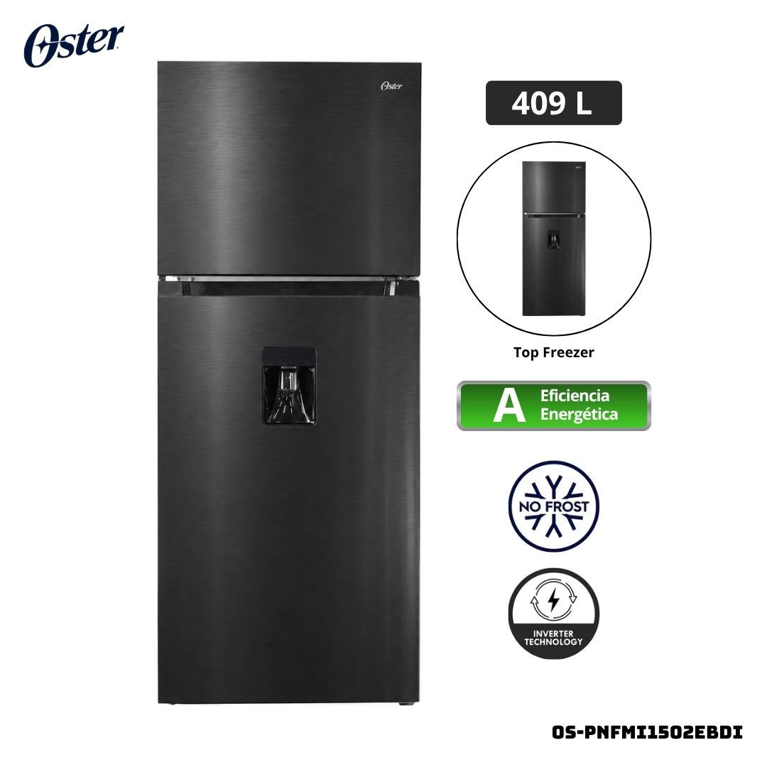 REFRIGERADORA OSTER 409 L TOP FREEZER NEGRO - OS-PNFMI1502EBDI